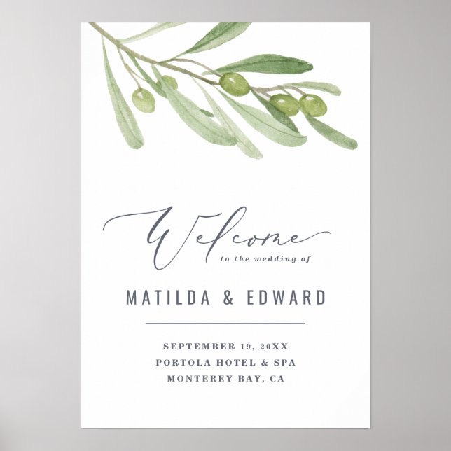 Watercolor olive branch welcome to our wedding poster (Front)