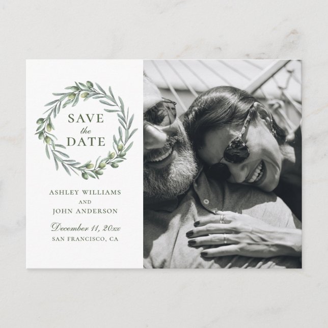 Watercolor olive. Elegant italian Save the Date Postcard (Front)