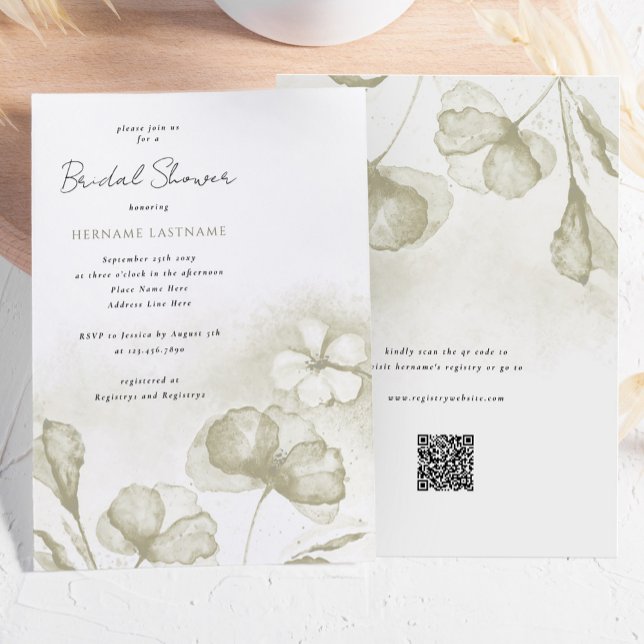 Watercolor Olive Green Floral QR Bridal Shower Invitation (Creator Uploaded)