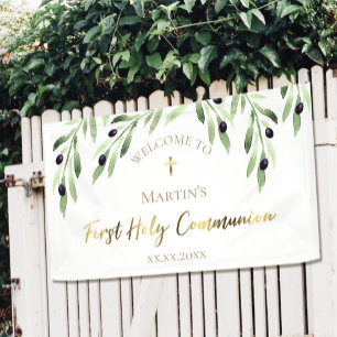watercolor olive greenery First Holy Communion Banner