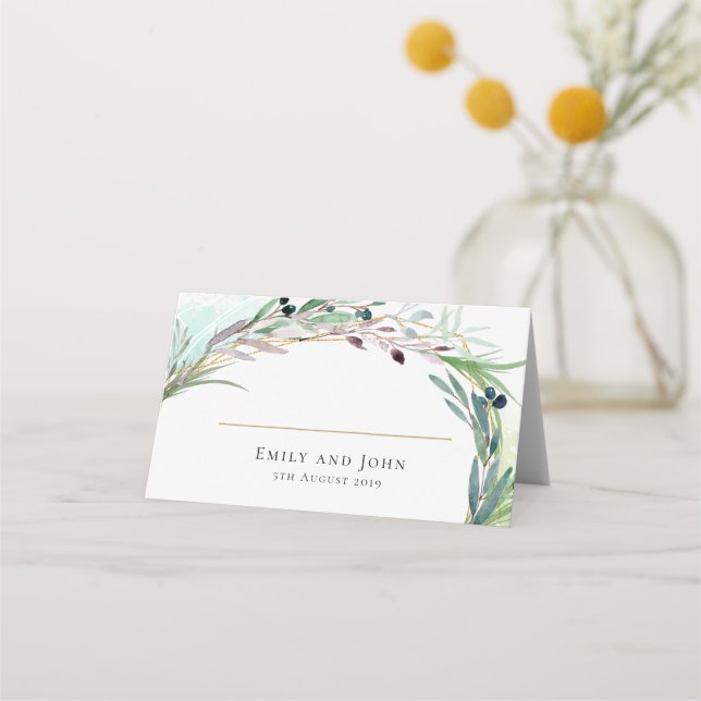 Watercolor Olive Leaf Border Place Card (Front)