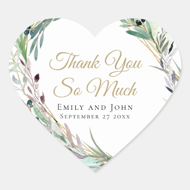 Watercolor Olive Leaf Geometric Wedding Favour Heart Sticker (Front)