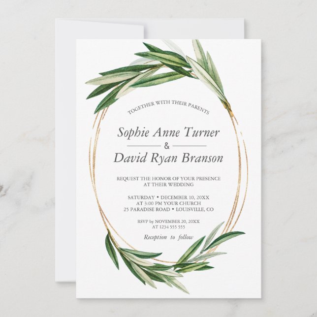 Watercolor Olive Leaves Gold Frame Wedding Invitation (Front)