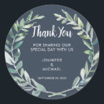 Watercolor olive leaves Wedding Thank You Favour Classic Round Sticker<br><div class="desc">Rustic Elegant watercolor botanical wedding thank you stickers with thank you message. 
These wedding thank you stickers are the perfect way personalise your wedding favours. 
Add bride and groom names and wedding date and you can change the Thank you text.</div>