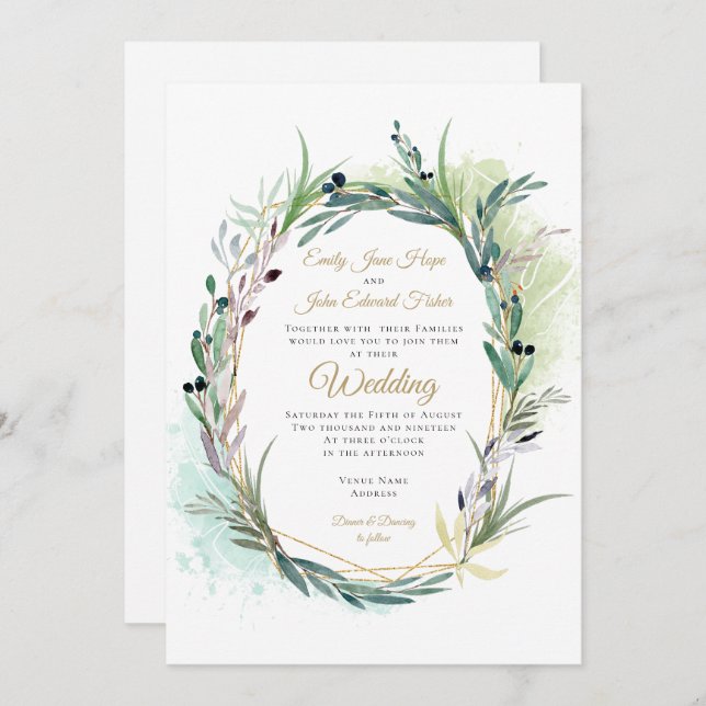 Watercolor Olive Leaves Wreath Geometric Wedding Invitation (Front/Back)
