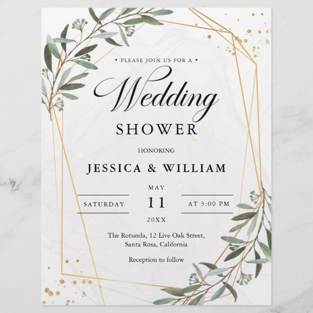 Watercolor Olive, Wedding Greenery Gold Foliage Flyer (Front)