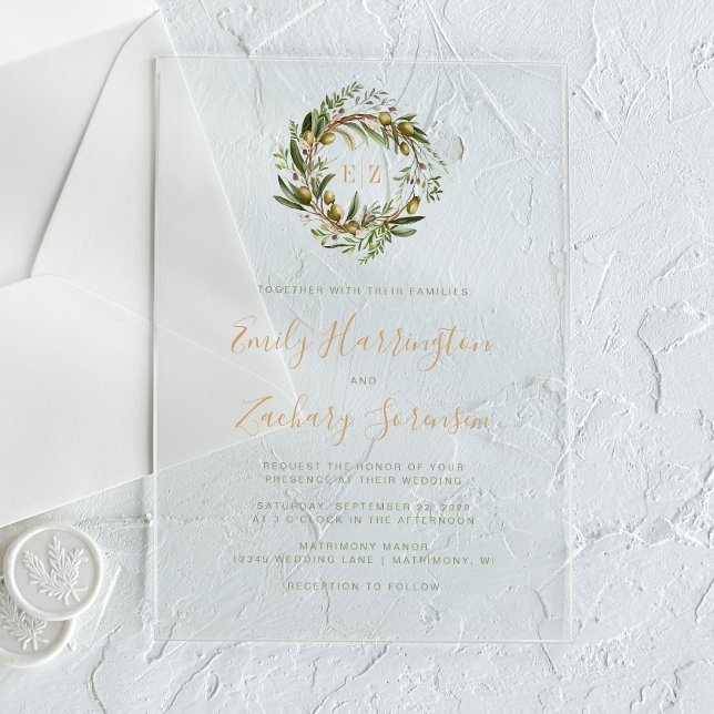 Watercolor Olive Wreath Green Gold Wedding Acrylic Invitations (Creator Uploaded)