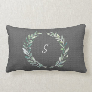 Watercolor olive wreath grey burlap monogram lumbar cushion