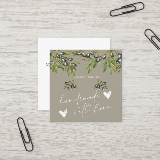 Watercolor Olives Branch,Handmade Hearts Square Business Card (Front/Back In Situ)