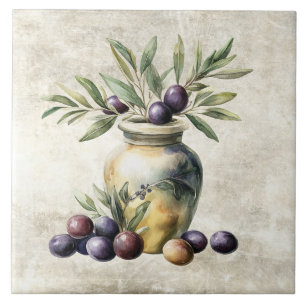 Watercolor Olives in Vase Faux Texture Tile