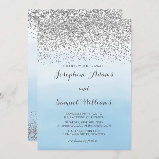 Watercolor Ombre Blue and Silver Glitter Wedding Invitation (Front/Back)