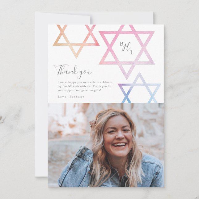 Watercolor Ombré Photo Bat Mitzvah Thank You Card (Front)