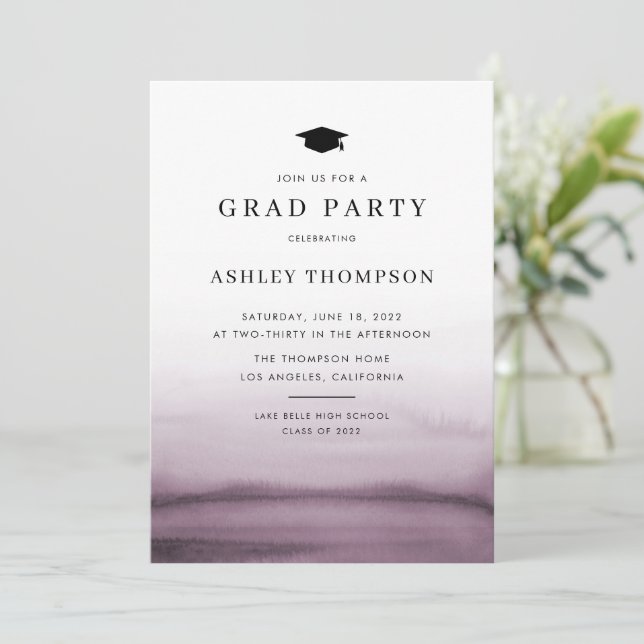 Watercolor Ombre Purple Modern Graduation Party Invitation (Standing Front)