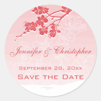 Watercolor Ombre Red Spring Blossom Save the Date Classic Round Sticker