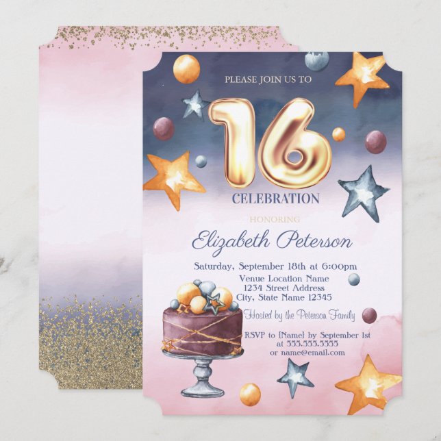 Watercolor Ombre Stars Cake Diamonds Sweet 16 Invitation (Front/Back)