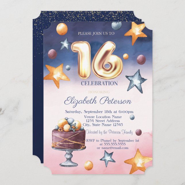Watercolor Ombre Stars Cake Sweet 16 Invitation (Front/Back)