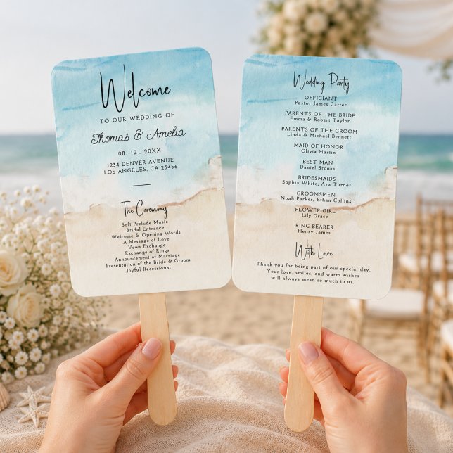 Watercolor On The Beach Summer Wedding Program Hand Fan (Creator Uploaded)