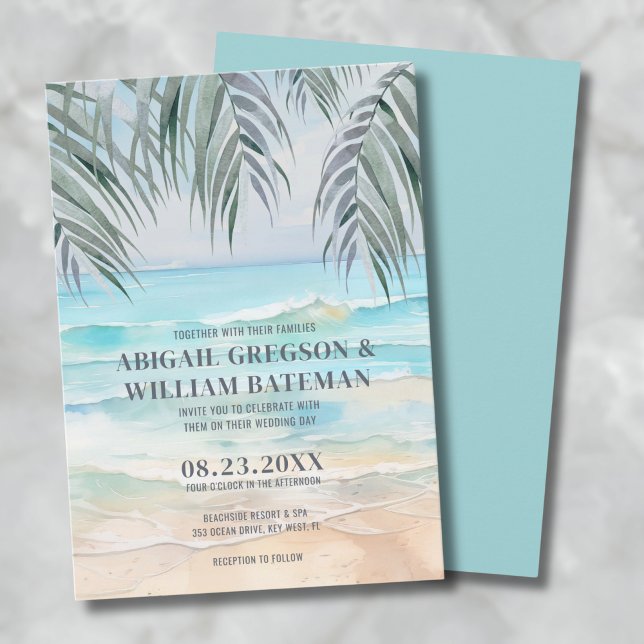 Watercolor On The Beach Wedding Invitation (Coastal Watercolor Tropical Summer Beach Wedding Invitation)