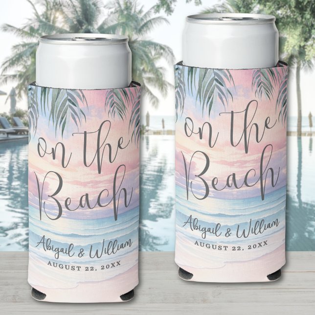 Watercolor On The Beach Wedding Seltzer Can Cooler (Watercolor On The Beach Wedding Seltzer Can Cooler)