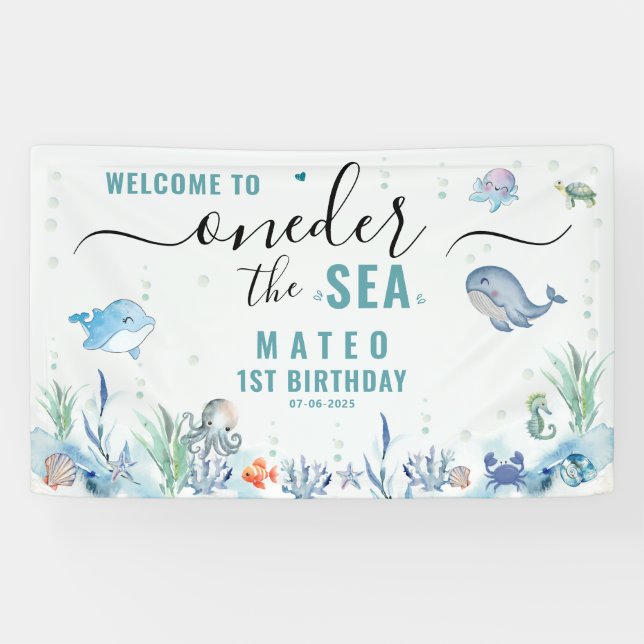 Watercolor One-der The sea 1st birthday Welcome Banner (Horizontal)