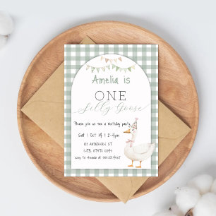 Watercolor One Silly Goose Gingham 1st Birthday Invitation
