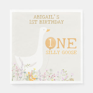 Watercolor One Silly Goose Wildflower 1st Birthday Napkin