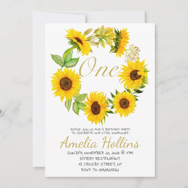 Watercolor ONE Sunflower Floral Birthday Party Invitation (Front)