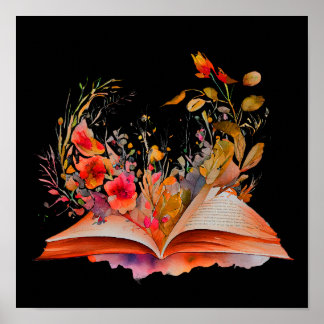 Watercolor Open book with flowers  Poster