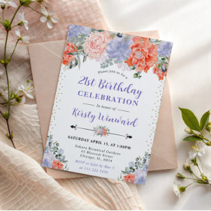 Watercolor Orange and Purple Flowers 21st Birthday Invitation