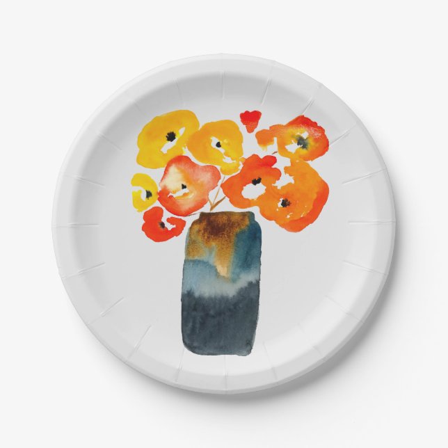 Watercolor orange and red poppies paper plate (Front)
