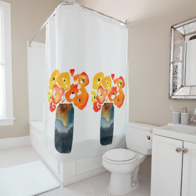 Watercolor orange and red poppies shower curtain (In Situ)