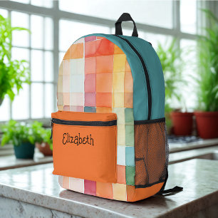 Watercolor Orange and Teal Plaid Printed Backpack