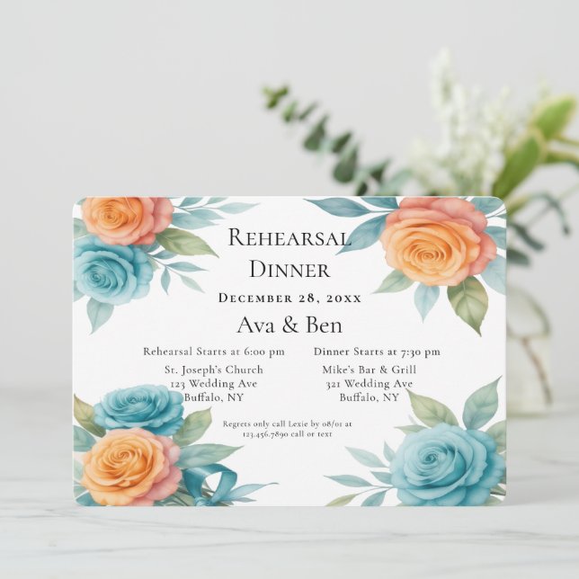 Watercolor orange and Teal Rehearsal Dinner Invitation (Standing Front)