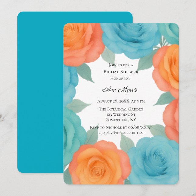 Watercolor Orange and Teal Roses Bridal Shower Invitation (Front/Back)