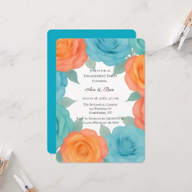 Watercolor Orange and Teal Roses Engagement Party Invitation (Front/Back In Situ)