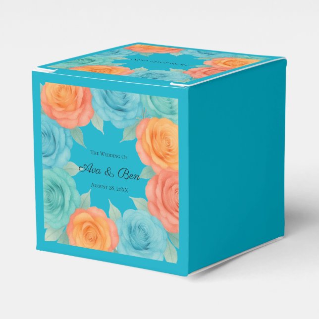 Watercolor Orange and Teal Roses Wedding Favour Box (Front Side)