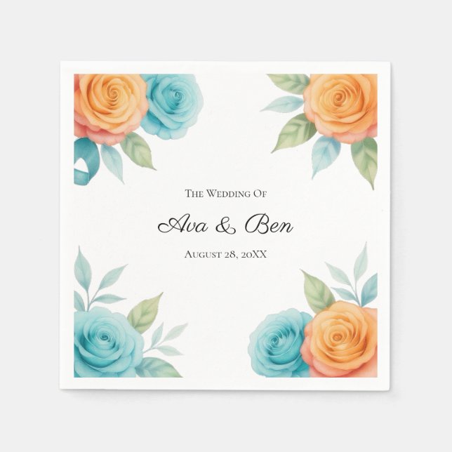 Watercolor Orange and Teal Roses Wedding Napkin (Front)
