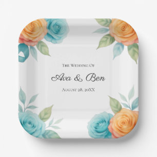 Watercolor Orange and Teal Roses Wedding Paper Plate