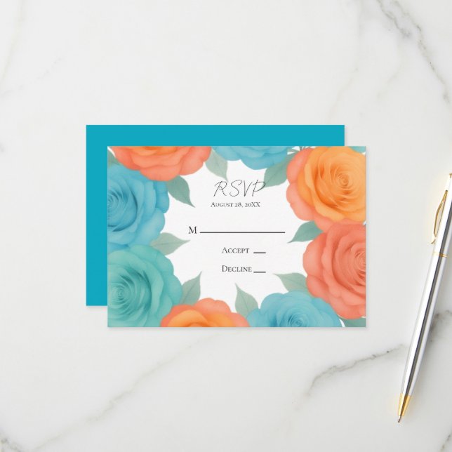 Watercolor Orange and Teal Roses Wedding RSVP Card (Front/Back In Situ)