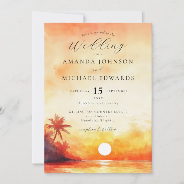 Watercolor Orange Beach Sunset Photo Wedding Invitation (Front)