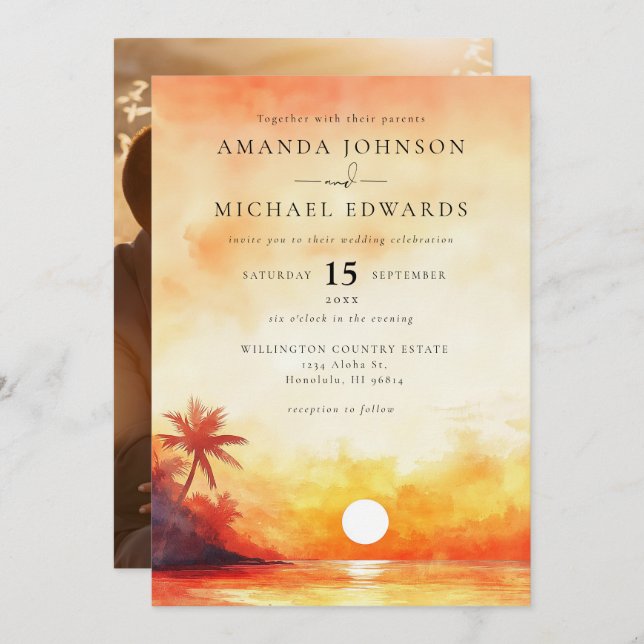 Watercolor Orange Beach Sunset Photo Wedding Invitation (Front/Back)
