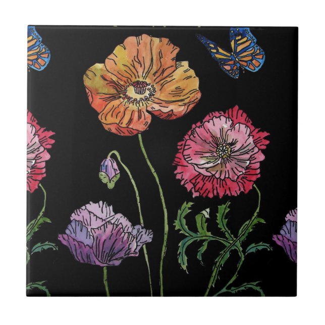 Watercolor Orange Black Poppy Floral Ceramic Tile (Front)