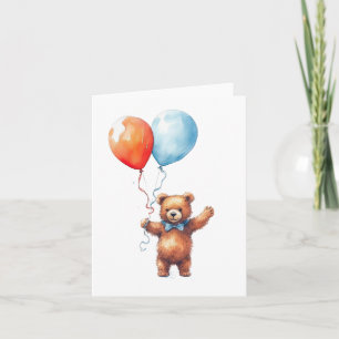 Watercolor Orange & Blue Birthday Balloons Bear Card