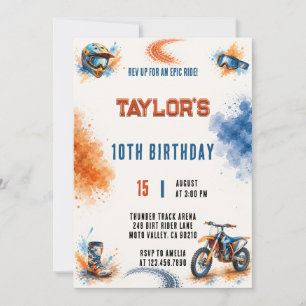 Watercolor Orange Blue Dirt Bike Birthday Invitation