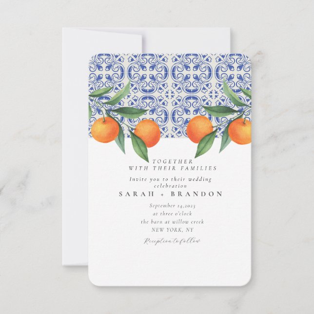 Watercolor Orange Blue tile Mediterranean Wedding Invitation (Front)