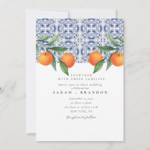 Watercolor Orange Blue tile Mediterranean Wedding Invitation