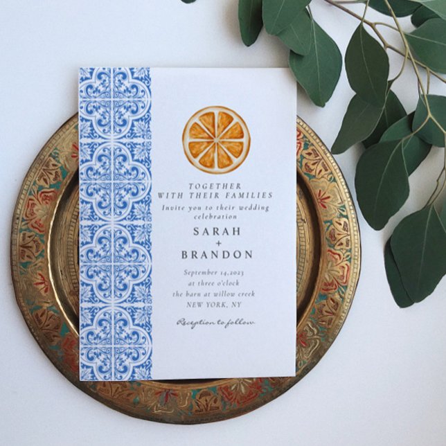Watercolor Orange Blue tile Mediterranean Wedding Invitation (Creator Uploaded)