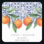 Watercolor Orange Blue tile Mediterranean Wedding Square Sticker<br><div class="desc">Watercolor Orange Blue tile Mediterranean Wedding</div>