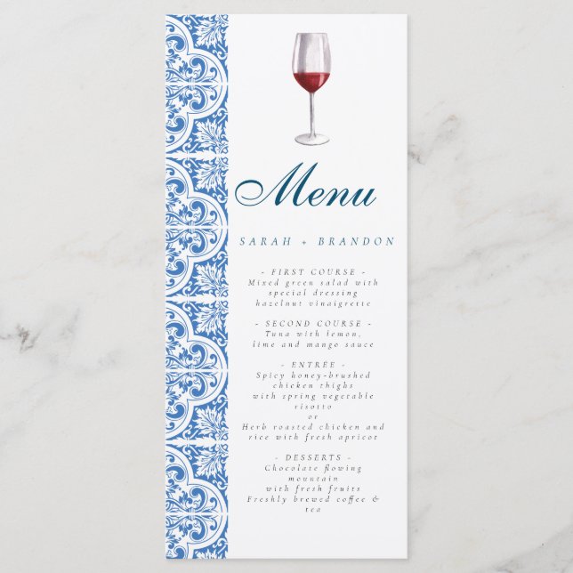 Watercolor Orange Blue tile Mediterranean Wine Menu (Front)