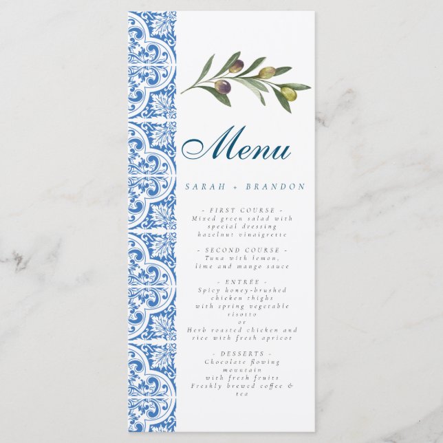 Watercolor Orange Blue tile MediterraneanOlive  Menu (Front)